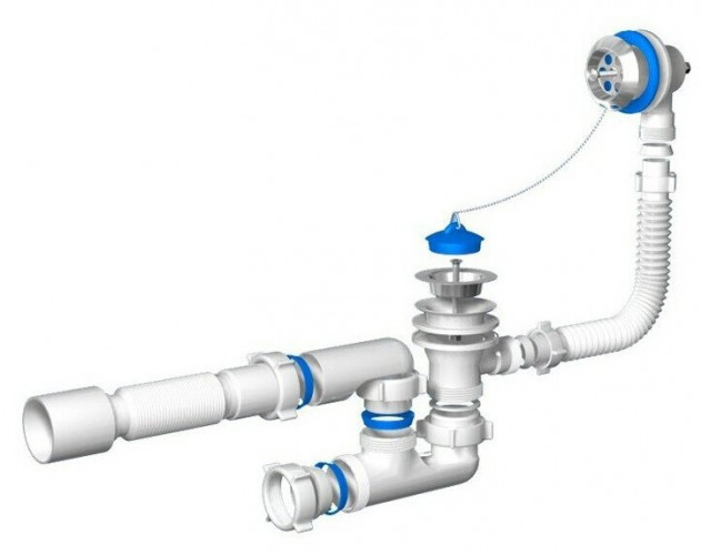 Сифон АНИ для ванны регулируемый с выпуском 1 1/2"*40. с переливом. с гибкой трубой 40/50 E255