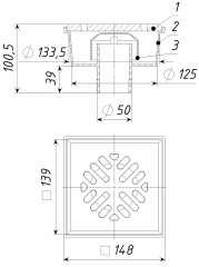 Трап вертикальный d50 с гидрозатвором. решетка нержавеющая сталь