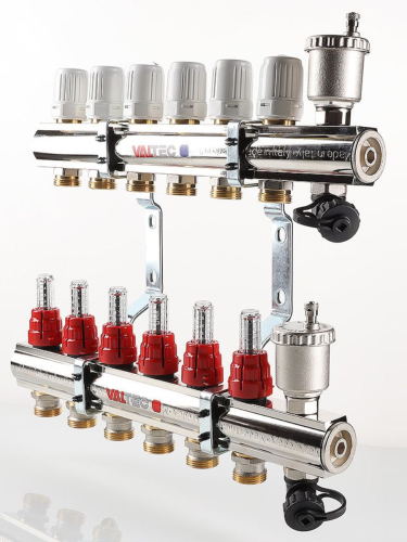 Блок коллекторный 9 выходов х1.0"х3/4" В-В-ЕК с расходомерами латунь VT.596