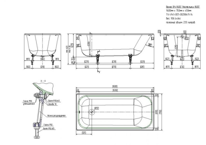 Ванна чугунная НОСТАЛЬЖИ L=1600 Новокузнецк