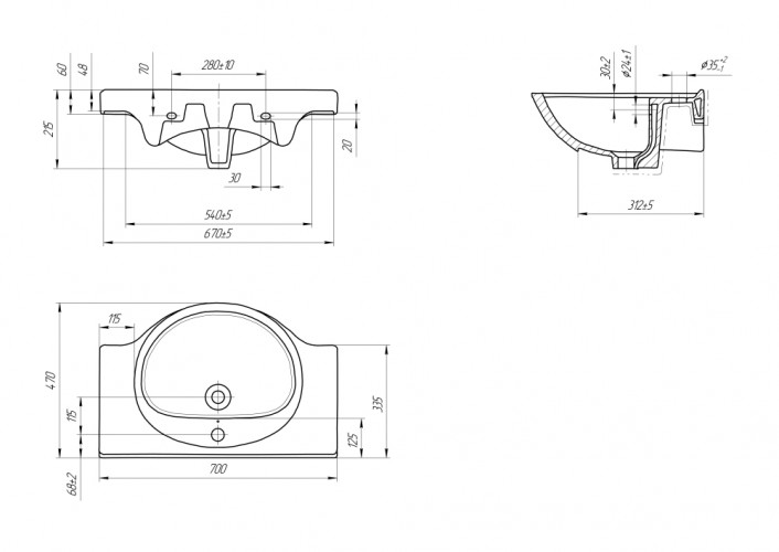 Умывальник мебельный ERICA 70 с отверстием Cersanit