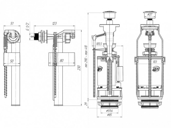 Арматура запорная АНИ WC3050М двойная металлизированная кнопка боковой подвод воды